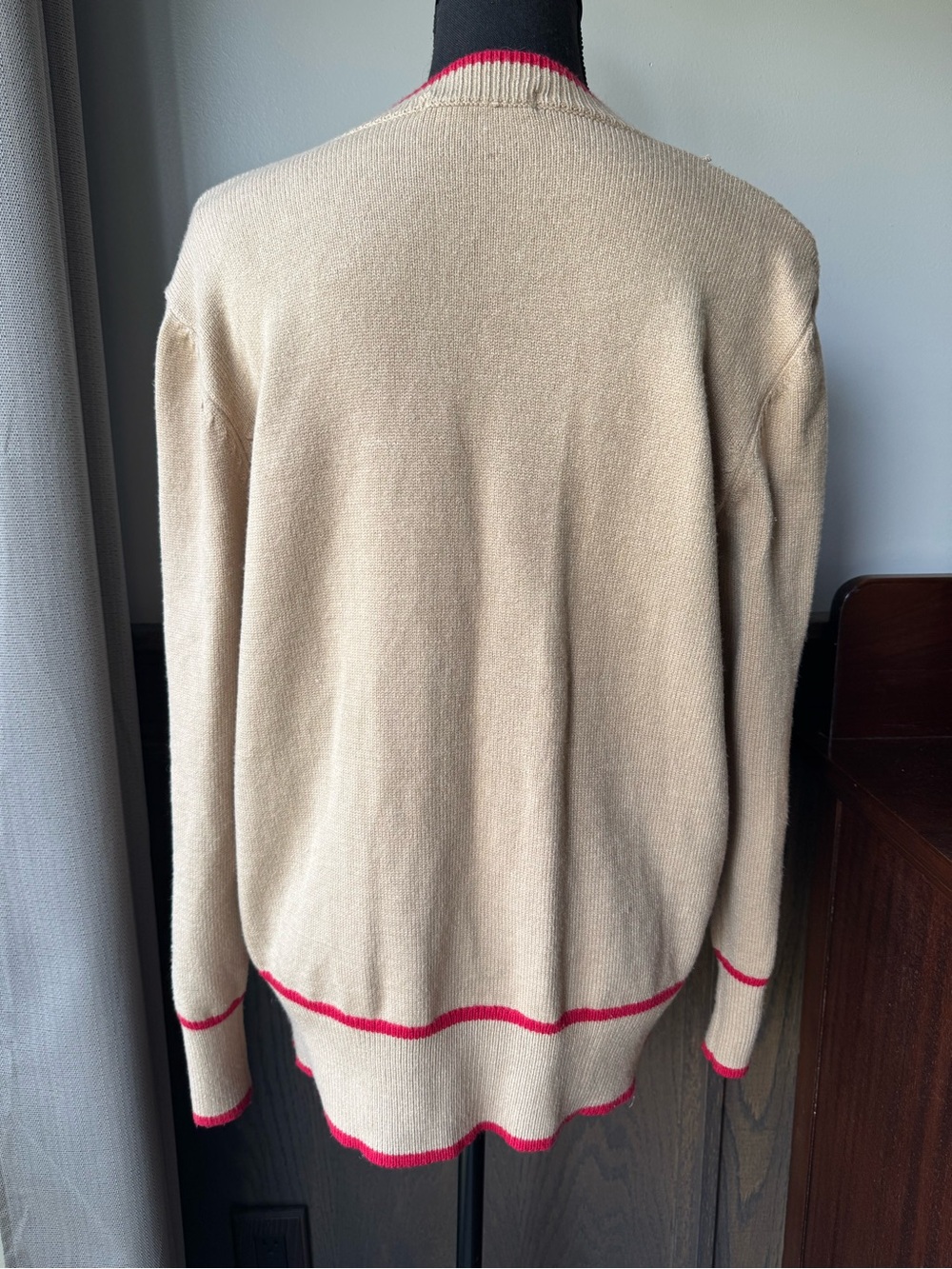 Beige Cardigan with Pink Trim V-Neck Button Front - Picture 4 of 7